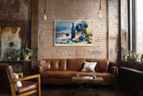 Paul Sinus Wandbild 120x80cm Stillleben Weinflasche Rosen modern blau weiss mediterrane Malerei Kunstdruck grosses Kunstbild elegante Wanddekoration fuer Wohnzimmer Esszimmer Kueche Büro