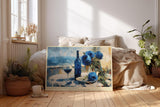 Paul Sinus Wandbild 120x80cm Stillleben Weinflasche Rosen modern blau weiss mediterrane Malerei Kunstdruck grosses Kunstbild elegante Wanddekoration fuer Wohnzimmer Esszimmer Kueche Büro