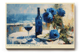 Paul Sinus Wandbild 120x80cm Stillleben Weinflasche Rosen modern blau weiss mediterrane Malerei Kunstdruck grosses Kunstbild elegante Wanddekoration fuer Wohnzimmer Esszimmer Kueche Büro