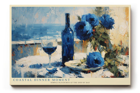 Paul Sinus Wandbild 120x80cm Stillleben Weinflasche Rosen modern blau weiss mediterrane Malerei Kunstdruck grosses Kunstbild elegante Wanddekoration fuer Wohnzimmer Esszimmer Kueche Büro