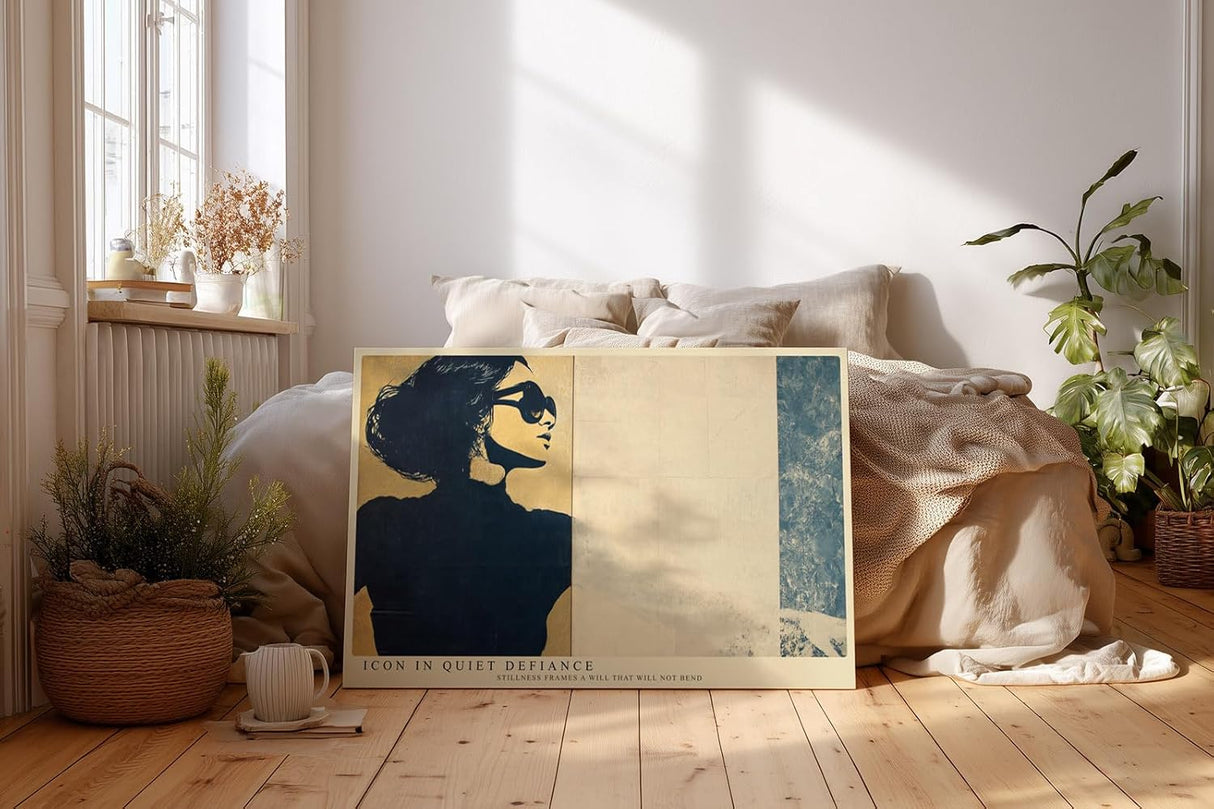 Paul Sinus Wandbild 120x80cm Stilvolle Frauen Silhouette mit Sonnenbrille Retro Kunst in Beige und Blau fuer moderne Wohnräume