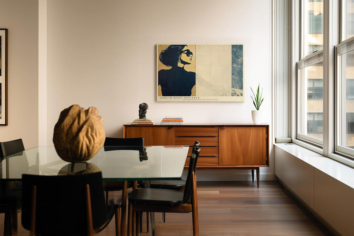 Paul Sinus Wandbild 120x80cm Stilvolle Frauen Silhouette mit Sonnenbrille Retro Kunst in Beige und Blau fuer moderne Wohnräume