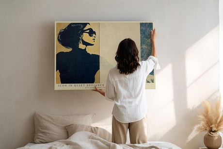 Paul Sinus Wandbild 120x80cm Stilvolle Frauen Silhouette mit Sonnenbrille Retro Kunst in Beige und Blau fuer moderne Wohnräume