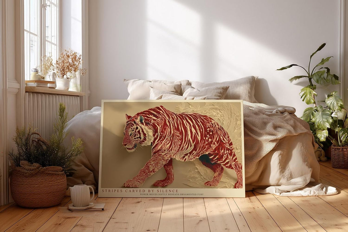 Paul Sinus Wandbild 120x80cm Stilvoller Tiger in Ornamentstruktur Moderne Tierkunst in Rot und Naturtoenen fuer ausdrucksstarke Wohnräume