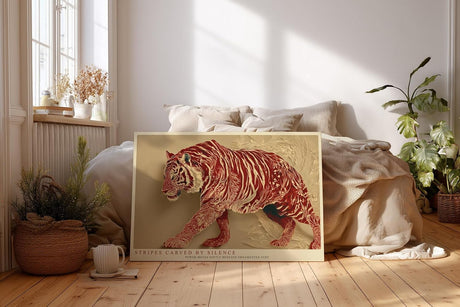 Paul Sinus Wandbild 120x80cm Stilvoller Tiger in Ornamentstruktur Moderne Tierkunst in Rot und Naturtoenen fuer ausdrucksstarke Wohnräume