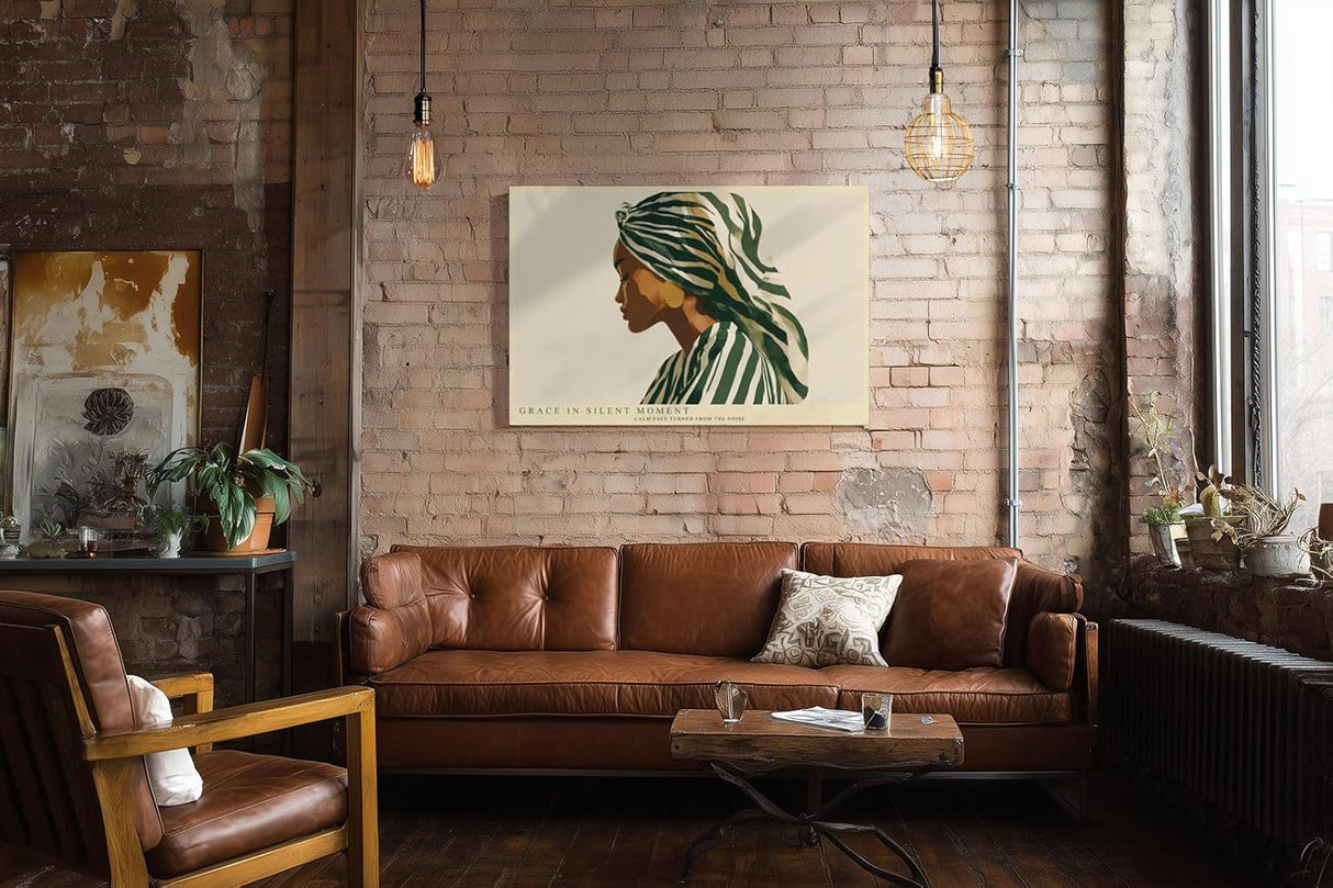 Paul Sinus Wandbild 120x80cm stilvolles Frauenportrait moderne Illustration mit gruener Kopfbedeckung elegante Kunst Wanddekoration fuer Wohnzimmer Schlafzimmer Büro Flur
