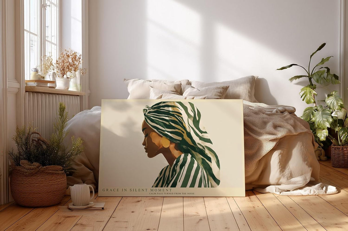 Paul Sinus Wandbild 120x80cm stilvolles Frauenportrait moderne Illustration mit gruener Kopfbedeckung elegante Kunst Wanddekoration fuer Wohnzimmer Schlafzimmer Büro Flur