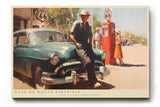 Paul Sinus Wandbild 120x80cm Stop on Route Sixty Six Vintage Roadtrip Szene mit Oldtimer und Tankstelle Retro Kunst fuer Wohnzimmer Büro und Bar
