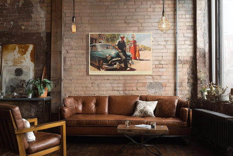 Paul Sinus Wandbild 120x80cm Stop on Route Sixty Six Vintage Roadtrip Szene mit Oldtimer und Tankstelle Retro Kunst fuer Wohnzimmer Büro und Bar