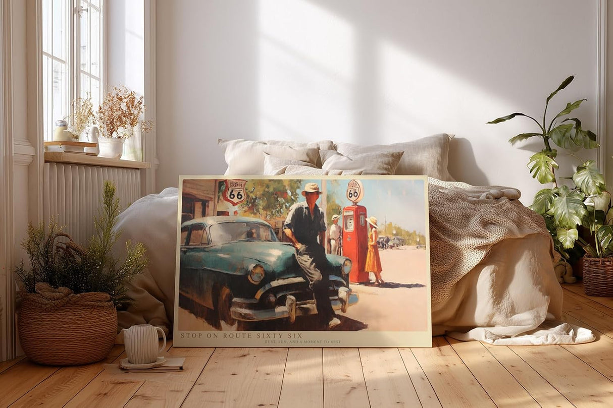 Paul Sinus Wandbild 120x80cm Stop on Route Sixty Six Vintage Roadtrip Szene mit Oldtimer und Tankstelle Retro Kunst fuer Wohnzimmer Büro und Bar