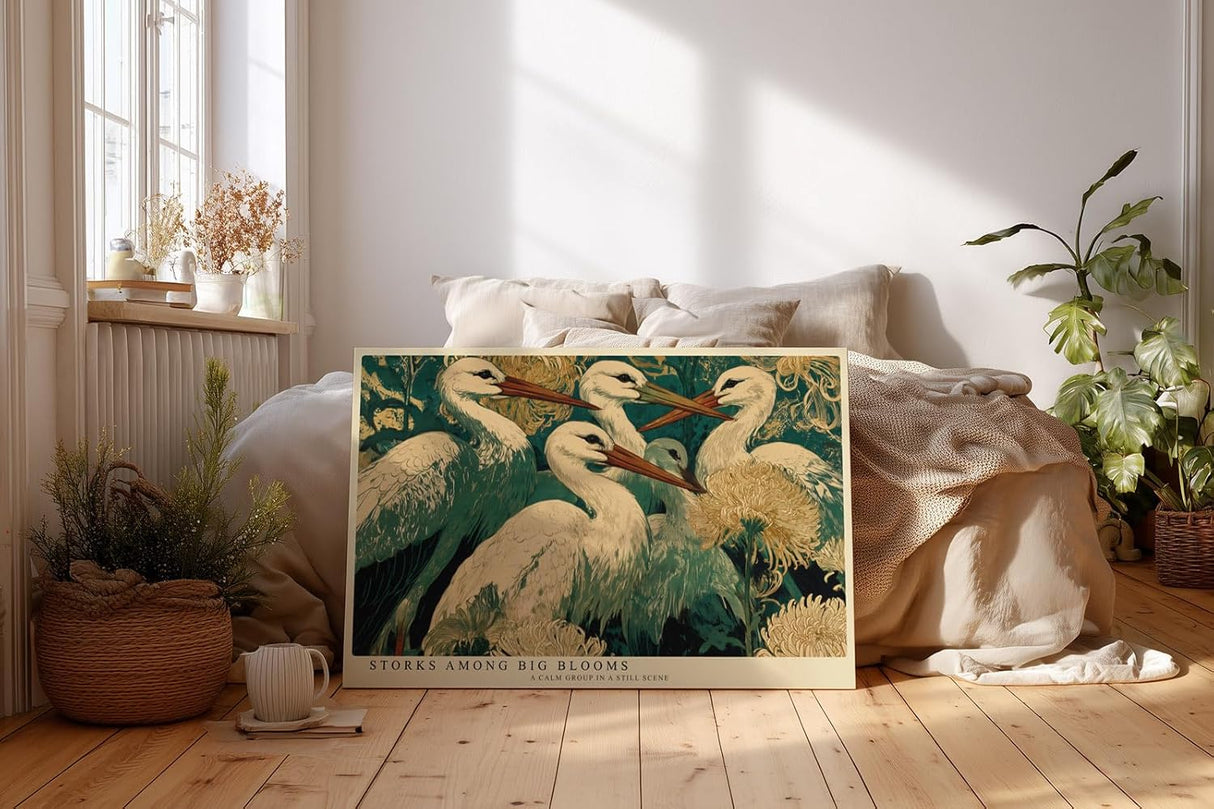 Paul Sinus Wandbild 120x80cm Störche zwischen grossen Blumen Botanische Vogelkunst Wanddekoration