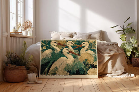 Paul Sinus Wandbild 120x80cm Störche zwischen grossen Blumen Botanische Vogelkunst Wanddekoration