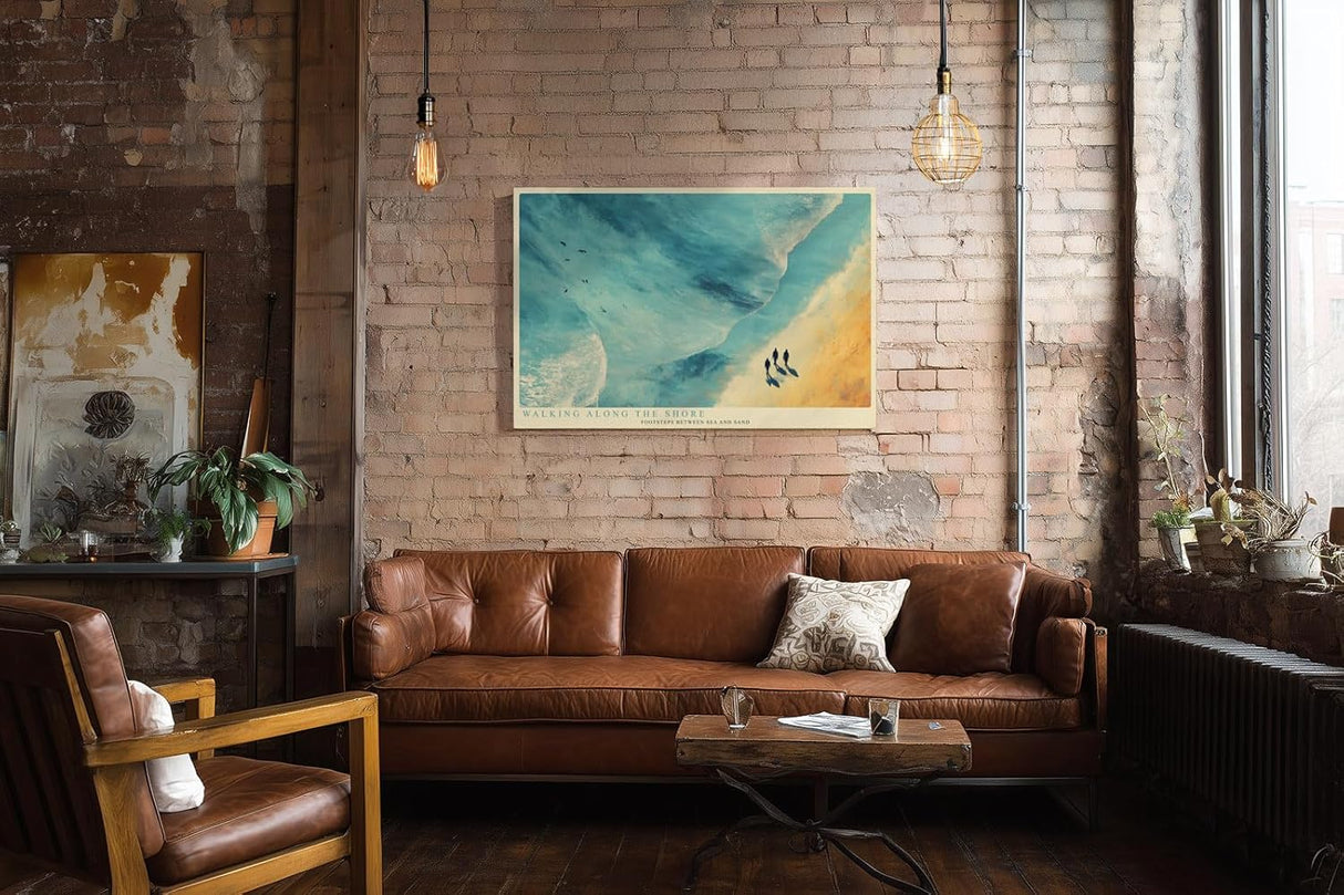 Paul Sinus Wandbild 120x80cm Strand Luftperspektive moderne Meereslandschaft blau beige Kunst grosses Landschaftsbild stilvolle Wanddekoration fuer Wohnzimmer Büro