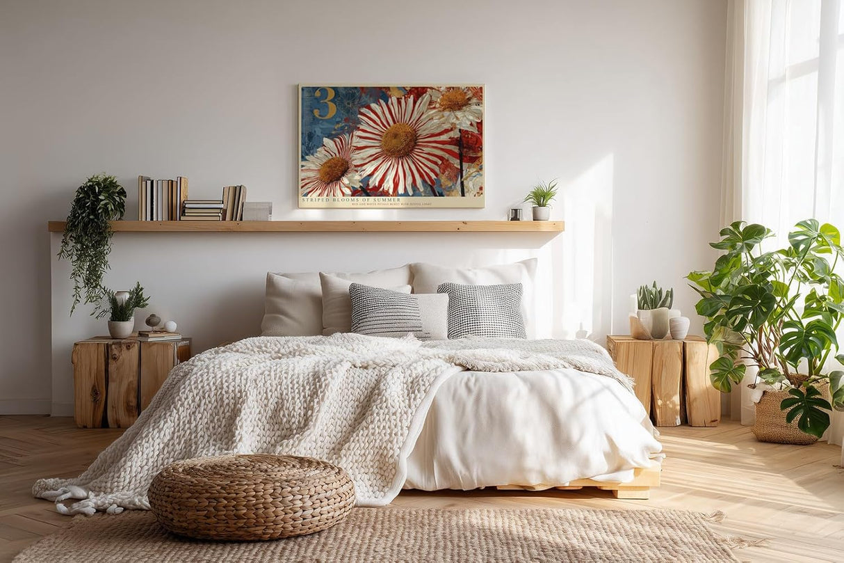 Paul Sinus Wandbild 120x80cm Striped Blooms of Summer moderne Blumen Kunst rote und weiße Blüten Poster für Wohnzimmer Schlafzimmer