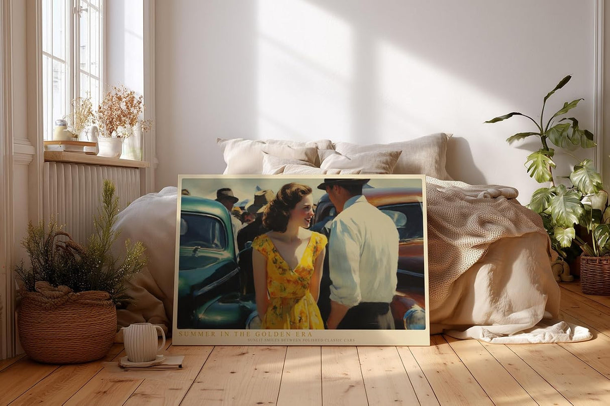 Paul Sinus Wandbild 120x80cm Summer in the Golden Era Vintage Paar mit Oldtimer Klassische Sommer Szene Retro Kunst fuer Wohnzimmer und Büro