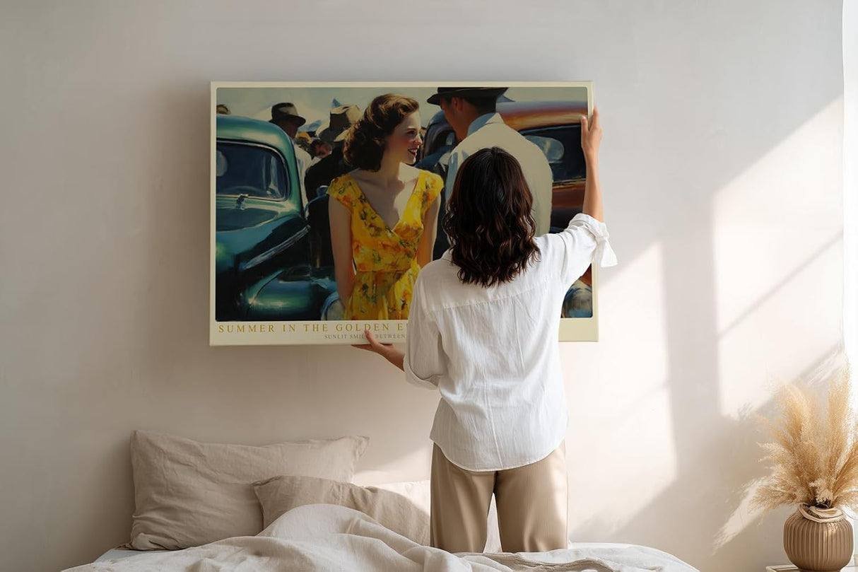 Paul Sinus Wandbild 120x80cm Summer in the Golden Era Vintage Paar mit Oldtimer Klassische Sommer Szene Retro Kunst fuer Wohnzimmer und Büro
