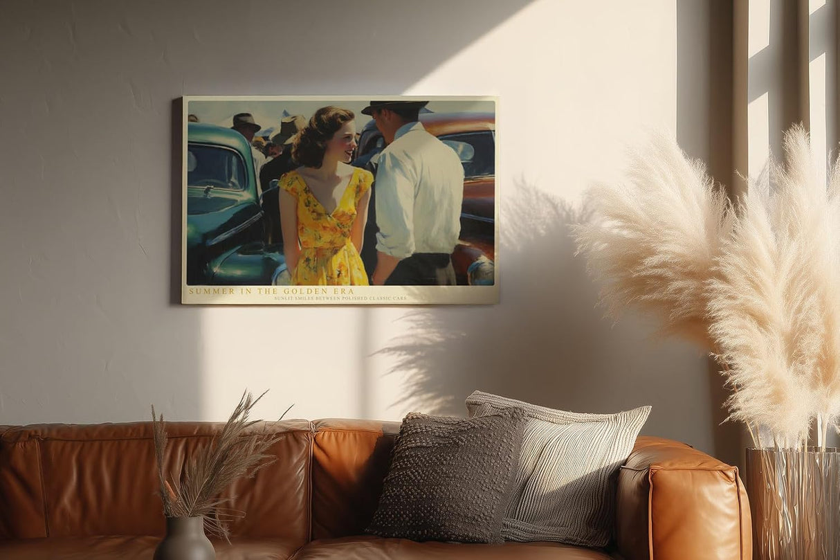 Paul Sinus Wandbild 120x80cm Summer in the Golden Era Vintage Paar mit Oldtimer Klassische Sommer Szene Retro Kunst fuer Wohnzimmer und Büro