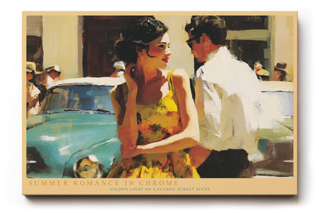 Paul Sinus Wandbild 120x80cm Summer Romance in Chrome Vintage Paar und Oldtimer Sommerliche Retro Szene Kunst fuer Wohnzimmer und Büro