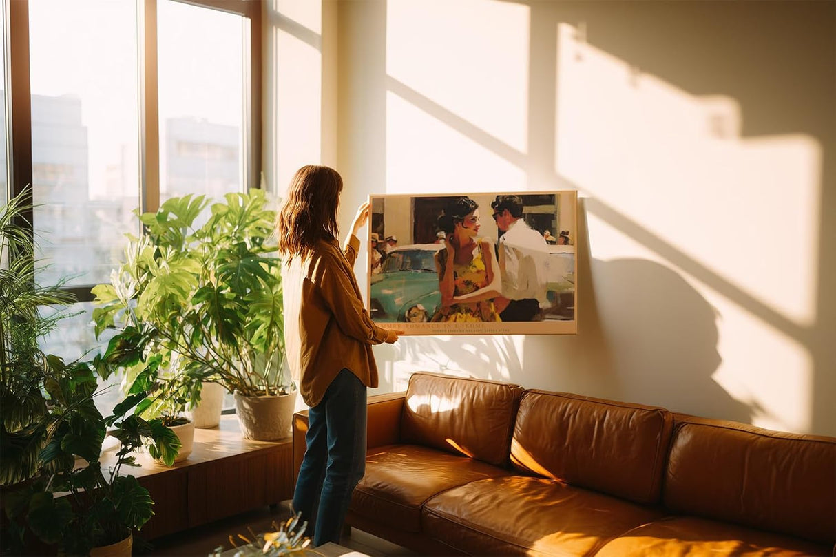 Paul Sinus Wandbild 120x80cm Summer Romance in Chrome Vintage Paar und Oldtimer Sommerliche Retro Szene Kunst fuer Wohnzimmer und Büro