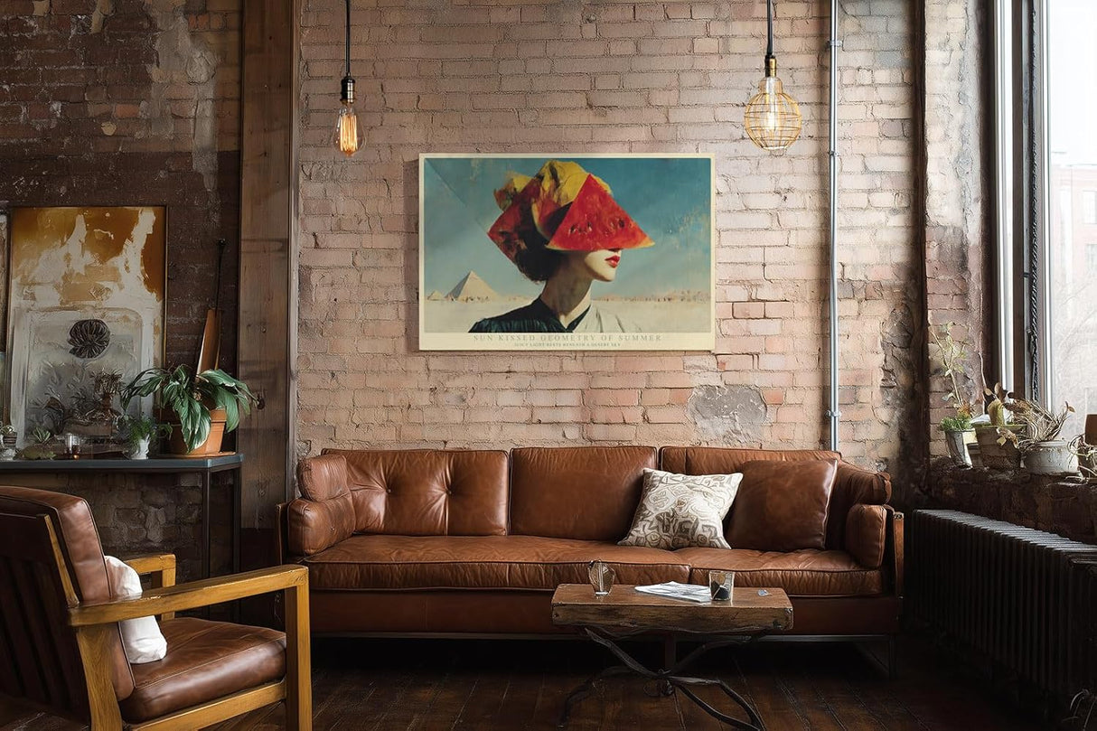 Paul Sinus Wandbild 120x80cm Sun Kissed Geometry of Summer surrealistisches Frauenportrait mit Wassermelone modernes Poster für Wohnzimmer Büro