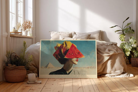 Paul Sinus Wandbild 120x80cm Sun Kissed Geometry of Summer surrealistisches Frauenportrait mit Wassermelone modernes Poster für Wohnzimmer Büro