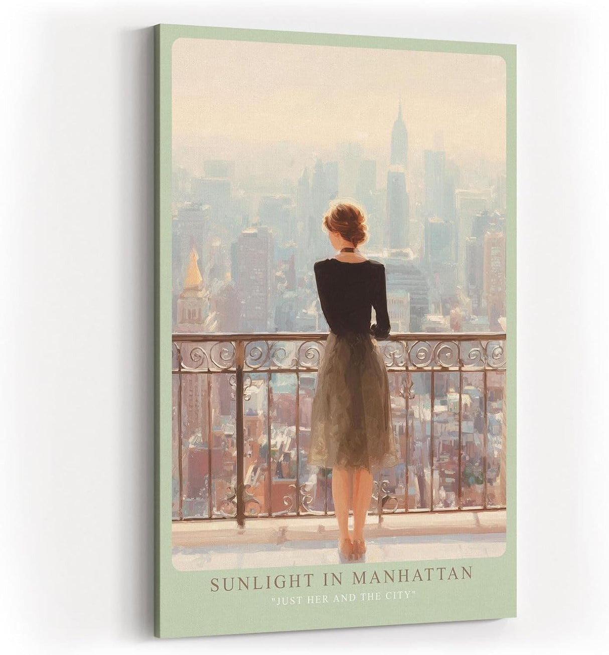 Paul Sinus Wandbild in 40x60cm Sunlight in Manhattan – Frau auf Balkon mit Blick auf Empire State Building, sonnendurchflutetes Stadtmotiv