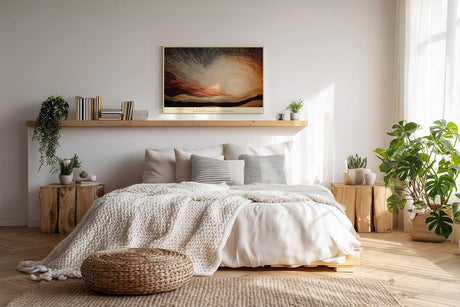 Paul Sinus Wandbild 120x80cm Sunrise in Dots Abstrakte Sonnenaufgang Landschaft Punktkunst Modernes Kunstbild fuer Wohnzimmer Schlafzimmer und Büro