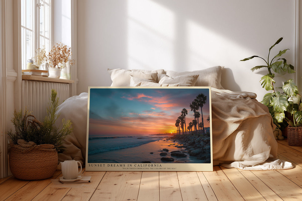 Paul Sinus Wandbild Sunset Dreams in California – Palmen im goldenen Abendlicht am Meer