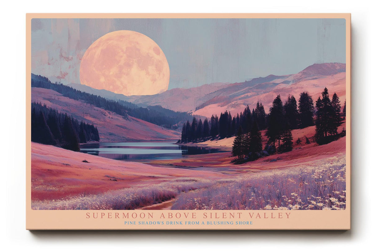 Paul Sinus Wandbild 120x80cm Supermond Landschaft Tal See Natur Kunstmotiv Ruhige Bergszene mit grossem Mond