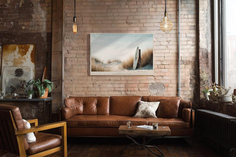 Paul Sinus Wandbild 120x80cm Surfbrett Strand Dünen Küstenlandschaft Fotokunst warme Naturfarben moderner Kunstdruck