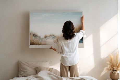 Paul Sinus Wandbild 120x80cm Surfbrett Strand Dünen Küstenlandschaft Fotokunst warme Naturfarben moderner Kunstdruck