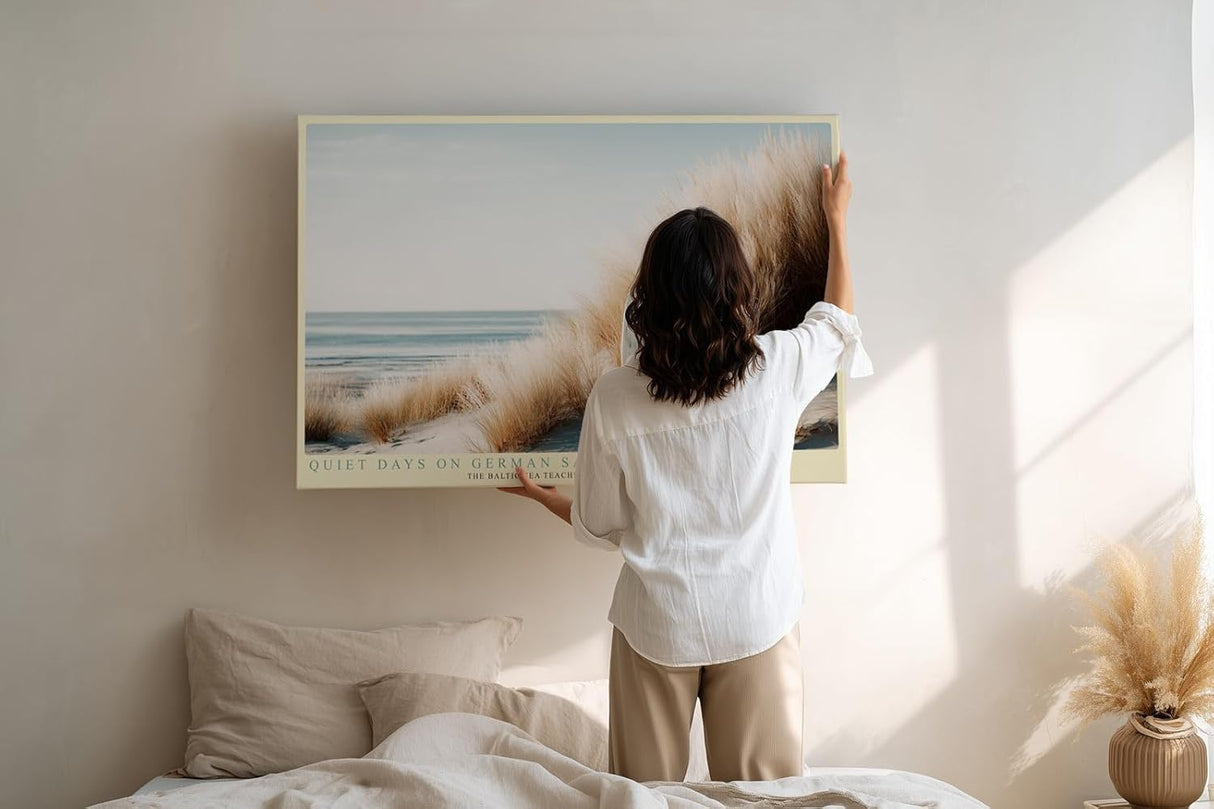 Paul Sinus Wandbild 120x80cm Surfbrett Strandduenen Kueste ruhige Meereslandschaft Strandmotiv stilvolle Wanddekoration fuer Wohnzimmer Büro
