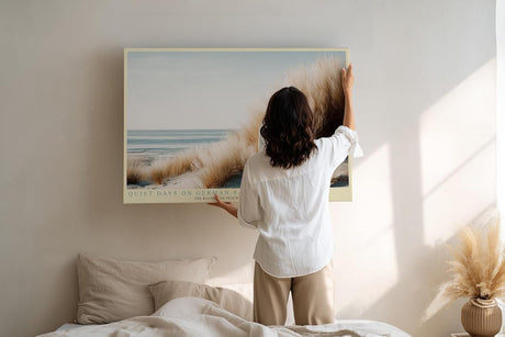 Paul Sinus Wandbild 120x80cm Surfbrett Strandduenen Kueste ruhige Meereslandschaft Strandmotiv stilvolle Wanddekoration fuer Wohnzimmer Büro
