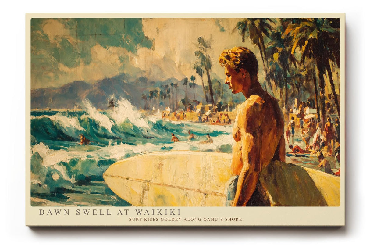 Paul Sinus Wandbild 120x80cm Surfer am Strand von Waikiki Tropische Meereskunst mit Wellen und Palmen fuer moderne Wohnräume