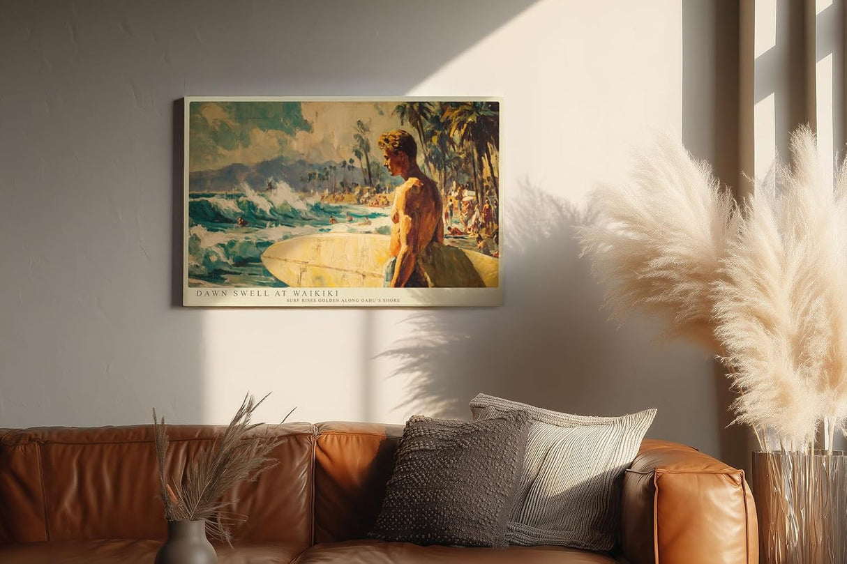 Paul Sinus Wandbild 120x80cm Surfer am Strand von Waikiki Tropische Meereskunst mit Wellen und Palmen fuer moderne Wohnräume