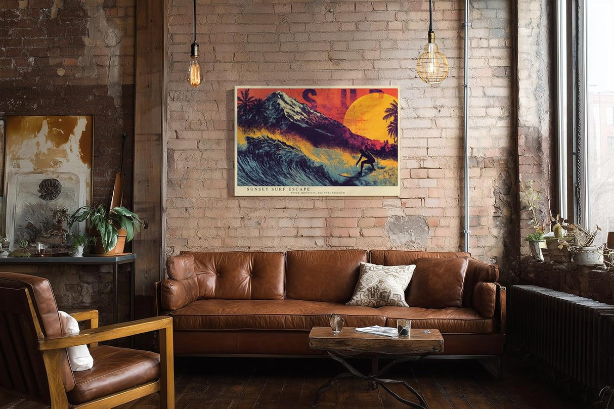 Paul Sinus Wandbild 120x80cm Surfer Sonnenuntergang moderne Strand Kunst orange lila Kunstdruck grosses Wandbild 120x80cm dynamische Wanddekoration fuer Wohnzimmer Büro