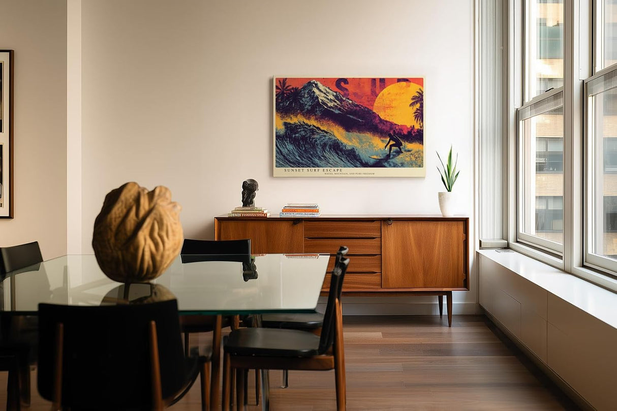 Paul Sinus Wandbild 120x80cm Surfer Sonnenuntergang moderne Strand Kunst orange lila Kunstdruck grosses Wandbild 120x80cm dynamische Wanddekoration fuer Wohnzimmer Büro