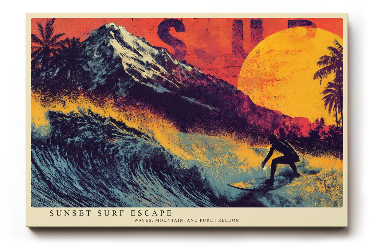 Paul Sinus Wandbild 120x80cm Surfer Sonnenuntergang moderne Strand Kunst orange lila Kunstdruck grosses Wandbild 120x80cm dynamische Wanddekoration fuer Wohnzimmer Büro