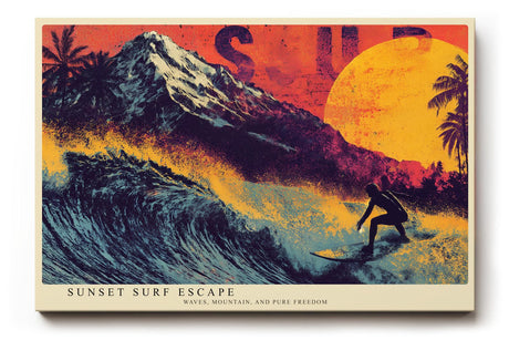 Paul Sinus Wandbild 120x80cm Surfer Sonnenuntergang moderne Strand Kunst orange lila Kunstdruck grosses Wandbild 120x80cm dynamische Wanddekoration fuer Wohnzimmer Büro