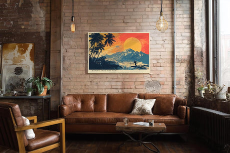Paul Sinus Wandbild 120x80cm Surfer tropische Landschaft Sonne Palmen Berge modernes Retro Kunstbild stilvolle Wanddekoration fuer Wohnzimmer Büro