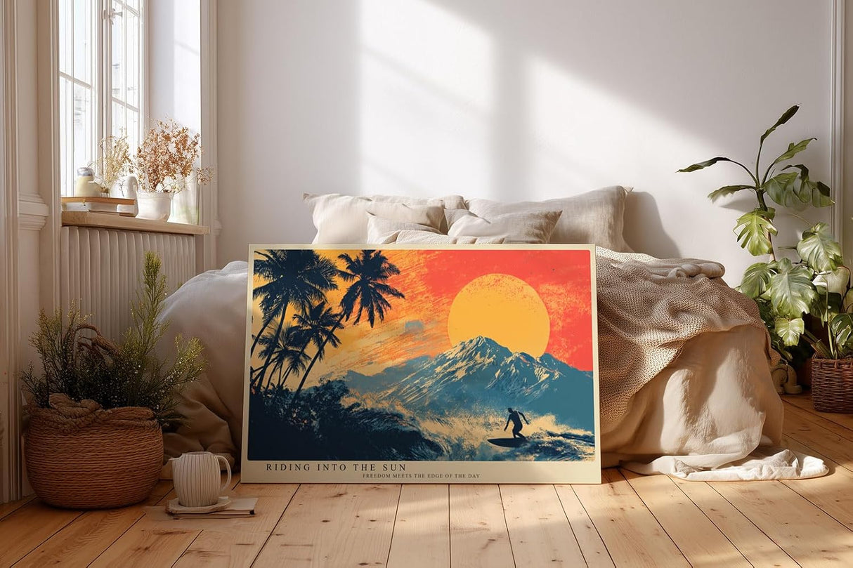 Paul Sinus Wandbild 120x80cm Surfer tropische Landschaft Sonne Palmen Berge modernes Retro Kunstbild stilvolle Wanddekoration fuer Wohnzimmer Büro