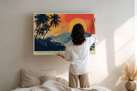 Paul Sinus Wandbild 120x80cm Surfer tropische Landschaft Sonne Palmen Berge modernes Retro Kunstbild stilvolle Wanddekoration fuer Wohnzimmer Büro