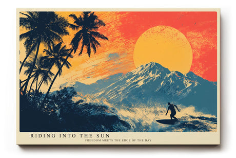 Paul Sinus Wandbild 120x80cm Surfer tropische Landschaft Sonne Palmen Berge modernes Retro Kunstbild stilvolle Wanddekoration fuer Wohnzimmer Büro