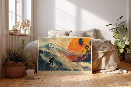 Paul Sinus Wandbild 120x80cm Surfer Welle Sonnenuntergang tropische Kunst modern Kunstdruck grosses Kunstbild dynamische Wanddekoration fuer Wohnzimmer Büro
