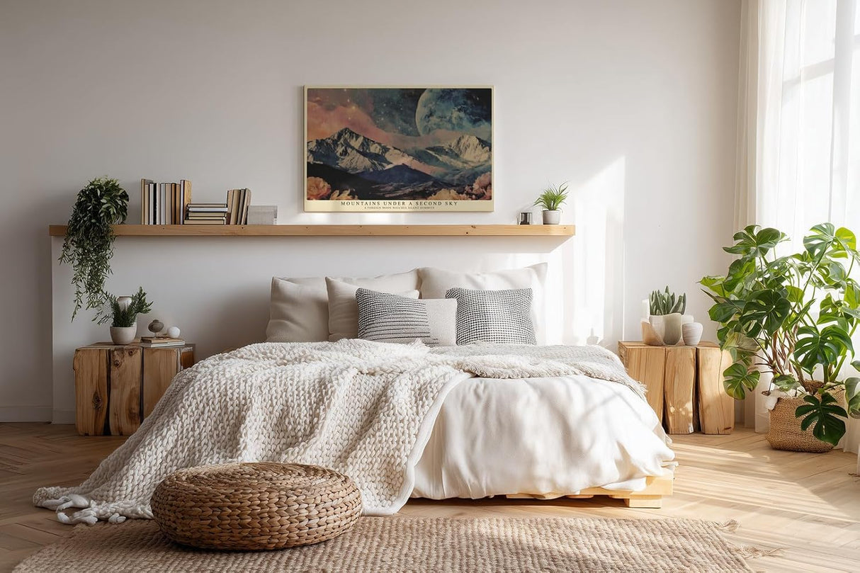 Paul Sinus Wandbild 120x80cm Surreale Berge Mond Landschaft Moderne Fantasy Natur Kunstmotiv mit kosmischem Himmel