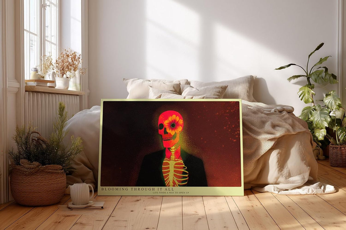 Paul Sinus Wandbild 120x80cm surrealer Totenkopf mit Blume moderne Kunst Illustration farbenstarkes Motiv stilvolle Wanddekoration fuer Wohnzimmer Büro