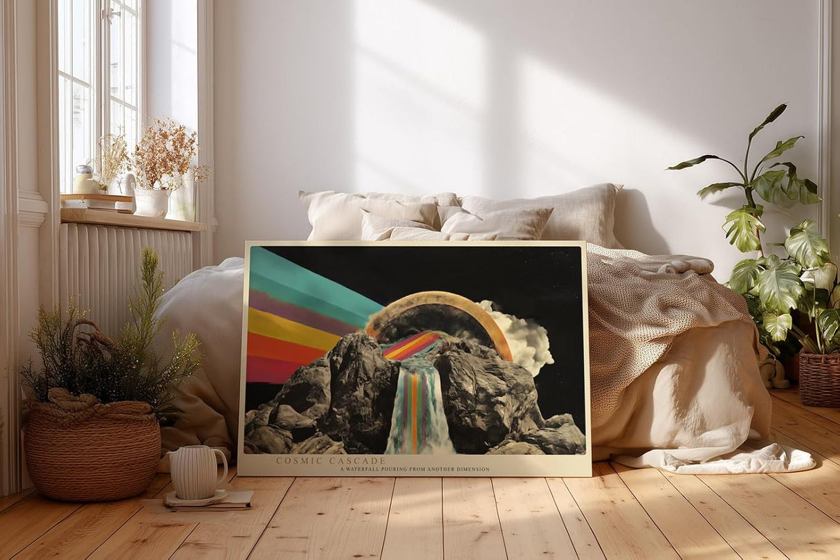 Paul Sinus Wandbild 120x80cm surrealer Wasserfall Berge Regenbogen kosmische Landschaft moderne Kunst Wanddekoration fuer Wohnzimmer Büro