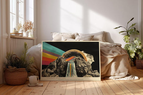Paul Sinus Wandbild 120x80cm surrealer Wasserfall Berge Regenbogen kosmische Landschaft moderne Kunst Wanddekoration fuer Wohnzimmer Büro