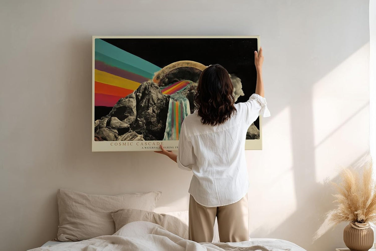 Paul Sinus Wandbild 120x80cm surrealer Wasserfall Berge Regenbogen kosmische Landschaft moderne Kunst Wanddekoration fuer Wohnzimmer Büro