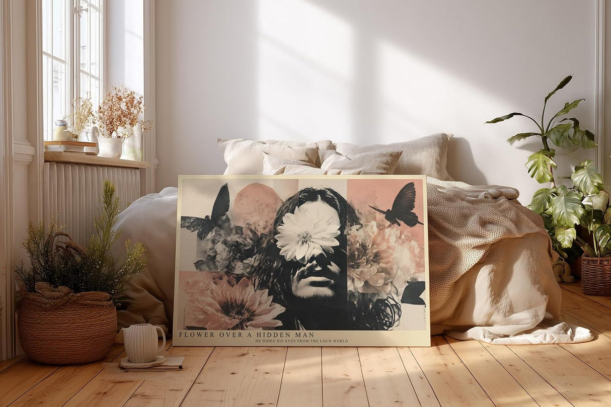 Paul Sinus Wandbild 120x80cm Surreales Blumen Portrait Moderne Kunst Collage in Beige Rosa und Schwarz für Wohnzimmer Schlafzimmer und Büro